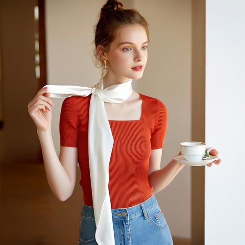 2 pcs Solid Color Long Neckerchief,Skinny Neck Scarf Satin Scarf Belt Satin Belt Ribbon Belts Thin Long Neckerchief for Necktie Handbag Wrap Handle(Black,White)3