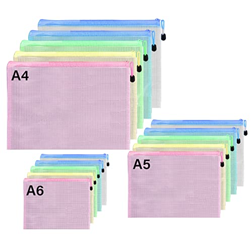 15 PCS Pochettes de Classement A4+A5+A6 (5 de Chaque), 5 Couleurs de Chemises pour Fichiers avec Fermeture éclair, Maille PVC Plastique Zipper Pouch pour Documents, Fichier, Devoirs, Papier, Reçus Cover