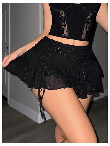 Women's Y2K Sequin Mesh Ruffle Layered Skirts Drop Waist Glitter Ruched Mini Skirt Concert Outfits4