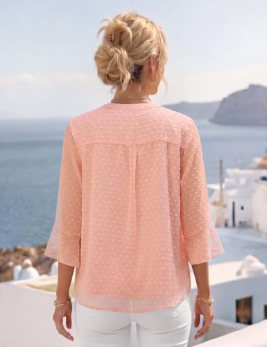 AIMCOO Blouses for Women Dressy Casual V Neck Tunic Flowy 3/4 Bell Sleeve Tops for Women Summer Chiffon Double Layer Top Loose Fitt Office Shirt Pink Medium - image 3