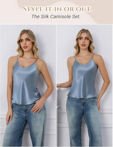 Image of THXSILK 100% Mulberry Silk Women Cami Pajama Set, Tank Top with Shorts Sleepwear, Adjustable Spaghetti Straps, Luxury Pj Set