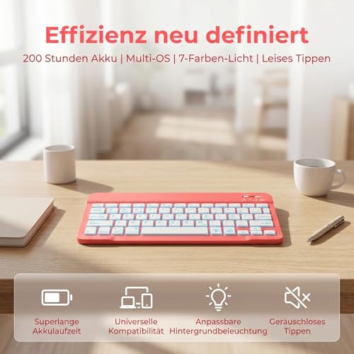 Hülle Tastatur für iPad (A16) 11./10. Generation (2025/2022), (11/10.9 Zoll) - QWERTZ, 7 Farben Beleuchtete, Magnetische Abnehmbar Bluetooth Tastatur, Soft TPU Rückseite Gehäuse mit Stifthalter (Pink) 4