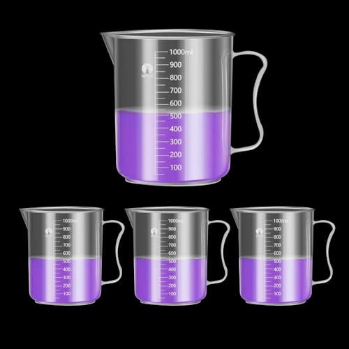 Image of Measuring Jugs, Plastic Food Grade Liquid Measuring Cups Molded Graduations - Chemical Resistant, Autoclavable - Handle for Convenient Lifting (4, 1000ml)
