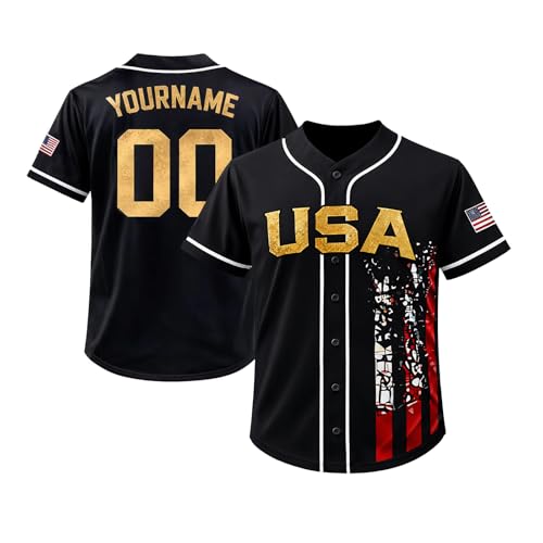 Camiseta de béisbol patriótica USA negra y dorada con nombre y número personalizados, camiseta deportiva con bandera americana y botones