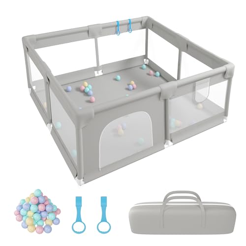Baby Playpen, Playpen for Baby and Toddlers,130x130cm Small Baby Play Pen with Breathable Mesh,50 Ball Pit, 2X Handles, Storage Bag, Baby Activity Play Fence