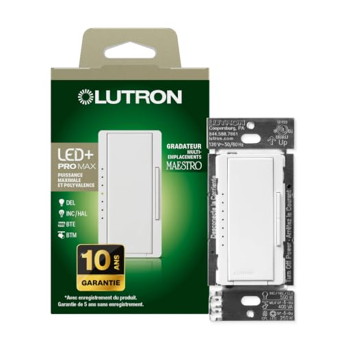 Lutron Maestro PRO LED+ Tap Dimmer Switch for 250W LED, 500W ELV, 400W MLV, Single Pole/Multi-Location, Neutral Wire Optional, MA-PRO-WH, White