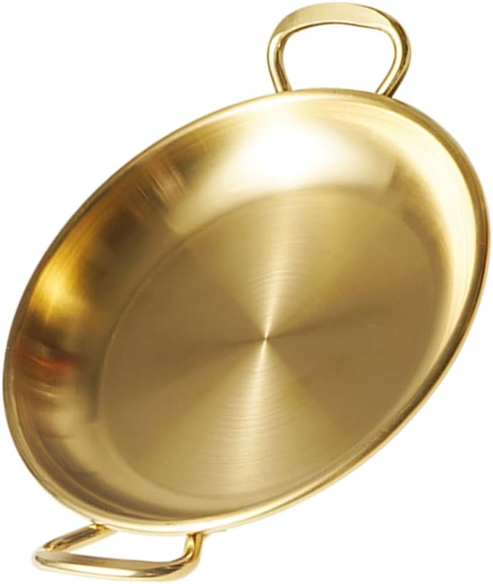 Stainless Steel Paella Metal Snack Plate Wok with Double Handles Non Stick Skillet Everyday Seafood Steamer Cooking Pot Induction 13cm Golden Plates,18.2X14.2CM