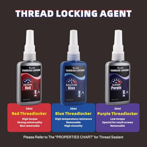 Image of Realth 50ml-3 Pack Threadlocker Purple Blue and Red M222 M243 M271 | Low Medium High Strength Thread Locker, Lock Tight Thread Lock for Metal, Fasteners, Nuts, Bolts to Against Losening and Seal