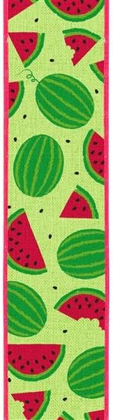 2.5インチ スイカ スライス キャンバス リボン：明るいグリーン (10ヤード) サマー スイカ ワイヤー リボン RG01992