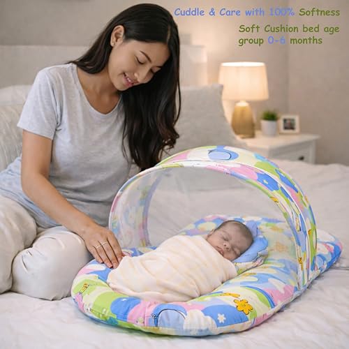 Image of Fareto Combo of Baby Bed with Net | Carry Bag | 4 Pcs Bedding Set (0-6 Months, Baby Size, Cotton) (Blue NEW Star)