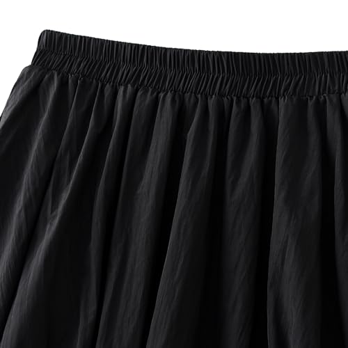 Women's High Waisted Balloon Midi Skirt Flowy Elastic Waist Bubble Hem Skirt Black Lightiweight Casual Party Summer2