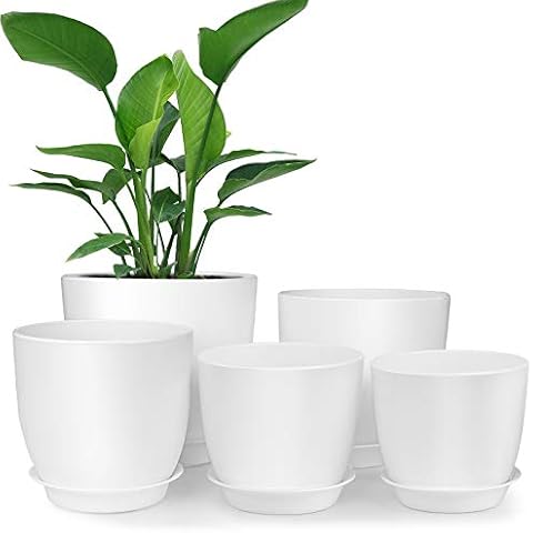 Homenote 7/6/5.5/4.8/4.5 Inch Modern Plastic Planter, White - Indoor Plant Pot with Drainage Hole & Tray for Succulents, Flowers, Cactus Cover
