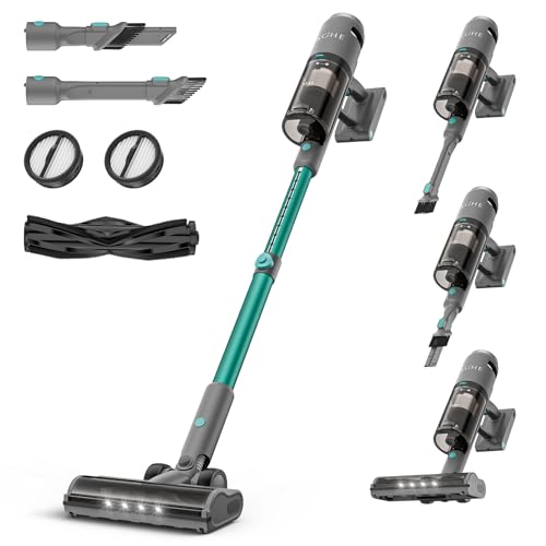 KOHE Aspirateur Balai sans Fil, 400W/30Kpa Puissant Moteur sans Balais Aspirateur avec 4 LED, 45 Minutes Autonomie, Batterie Rechargeable Amovible, 1,5 L Capacité, pour Les Tapis, Sols Durs, Poils
