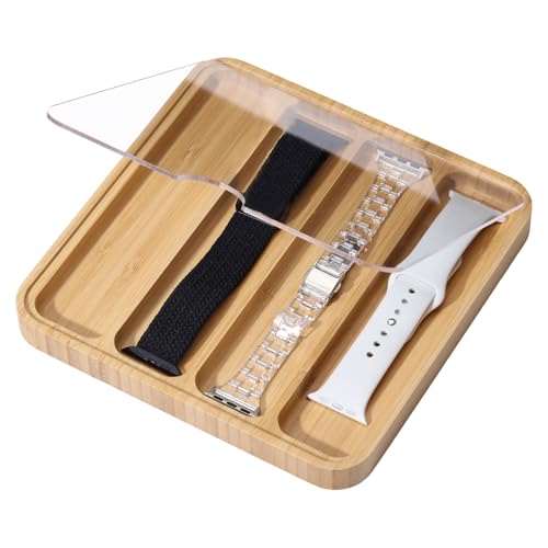 GLOBLELAND Wooden Watch Band Display Case Watch Band Organizer for Watch Bands 4 Slots Display Watch Storage Case Tray with Acrylic Top Lid