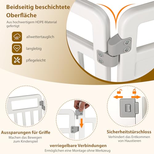 COSTWAY Welpenauslauf faltbar, Welpenlaufstall mit 6 Paneelen, abschließbarer Tür & Bodennägeln, 80 cm hoch, Hundelaufstall Outdoor Indoor, Laufstall Hund, Hundeauslauf aus Kunststoff, Weiß