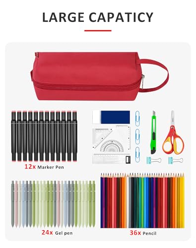 Image of Fmeida Pencil Case Pouch - Water Resistant Pencil Pouch Portable Pencil Bag Simple Office Stationery Pouch with Handle Christmas Gifts - Red