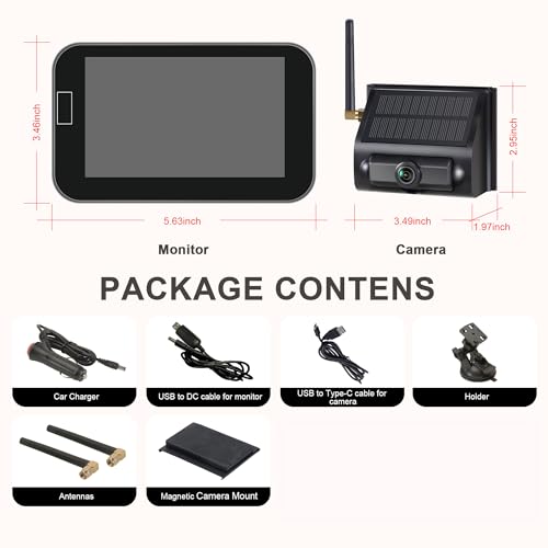 Image of YIMU Solar Magnetic Wireless Backup Camera for Truck andTrailers, Portable, Cordless, Scratch-Proof, 2Mins Easy Install, No Wiring,1080P HD Rechargeable RV Back Camera with 5inch Monitor (YM501)