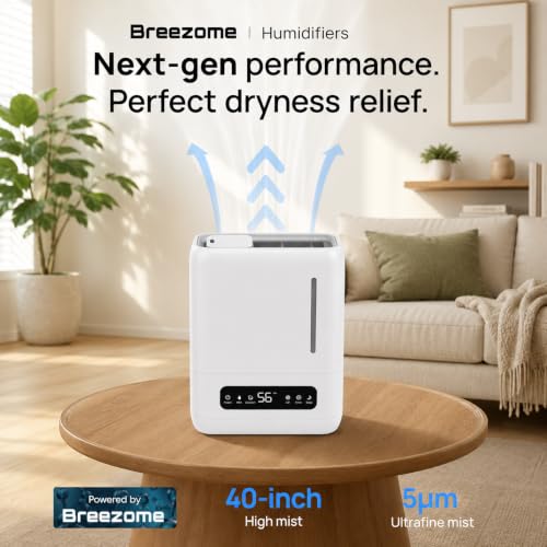 Image of BREEZOME Smart Ultrasonic Humidifier and Aroma Difuser, 4L Cool Mist Top Filling Humidifiers for Home & Bedroom, 360 Nozzle Auto Shut-Off with Timer,LED Display, Remote Control (White, 4 Liter)