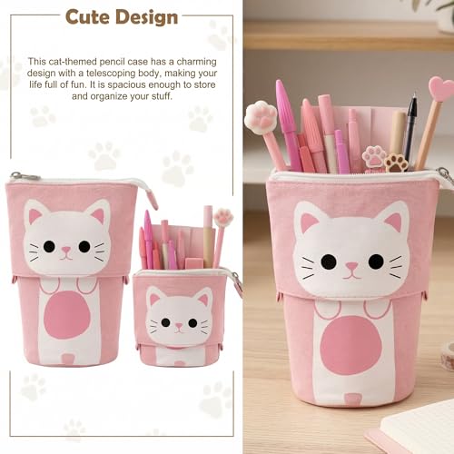 Image of FINEMOE Standing Pencil Case Cute Pencil Pouch for Girls Boys, Korean Boba Pop Up Stationery Makeup Cosmetic Organizer Box, Pouches for Stationary Boys Kids Women School Students (Pink Cat)