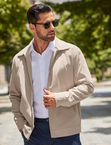 Coofandy Men Cotton Zipper Jackets Lightweight Spring Jackets Soft Shell Jacket With Pockets Khaki Slim Fit thumb #2