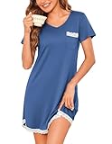 Ekouaer Women's Nightgown Sleepwear Soft Sleepshirt Short Sleeve Nightshirt Sexy Pajama Dress Navy S
