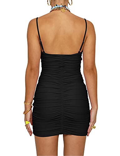 BORIFLORS Women's Sexy Bodycon Cut Out Ruched Backless Spaghetti Strap Mini Club Party Dresses2