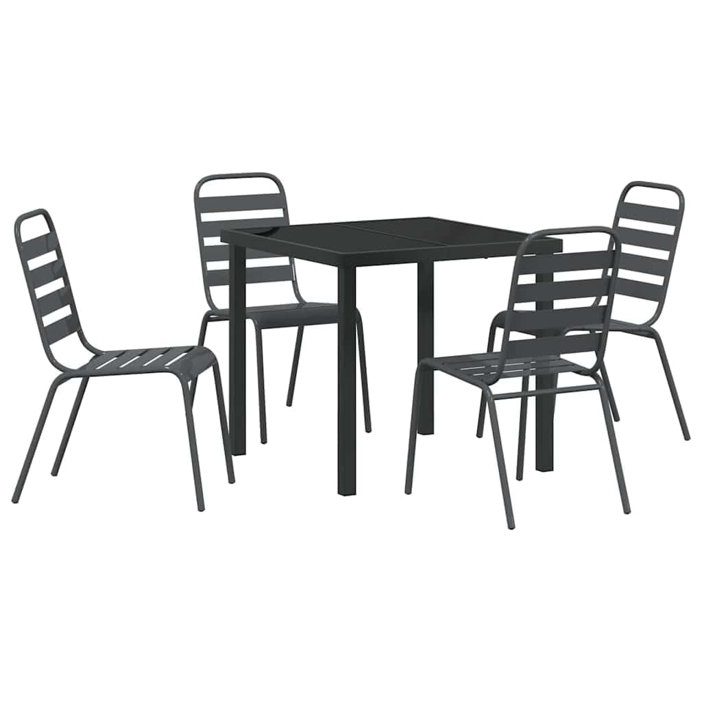 Table de jardin industrielle anthracite avec 5 pièces en acier et verre