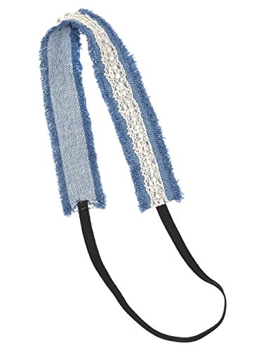 Funky Junque Frayed Denim Fabric Lace Rhinestone Elastic Stretch Hair Headband