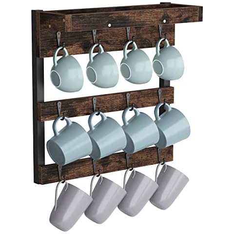 unho Tassenhalter mit 12 Haken Hängeregal Kaffeehalter Tassenregal Wand Display Rustikale Küche Aufbewahrung Rack für Bauernhaus Dekor Cover