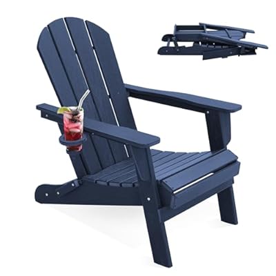 LOUNZY Folding Adirondack Chair, HDPE All-Weather Folding Patio Chair Chair with Cup Holders, Outdoor Patio Adirondack Chair for Deck Lawn Fire Pit, Navy