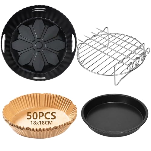 Goodpejine 7.5 inch/19cm Air Fryer Accessories Compatible for Russell Hobbs 4L, COSORI Ninja 3.8L AF100UK, Tower 4.3L, 4PCS Set: Silicone Air Fryer Liner, Grill Rack, Pizza Pan, Paper Liners