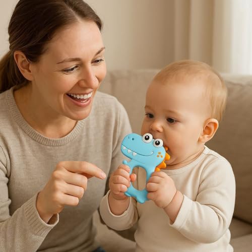 Image of Blushbaby Silicone Baby Teether for Babies 6-12 Months | Teething Gums Manhattan Rattle Toy with Loop Rings | 100% Food-Grade Silicone & BPA-Free | Dinosaur Teether for Infants & Toddlers (Blue)