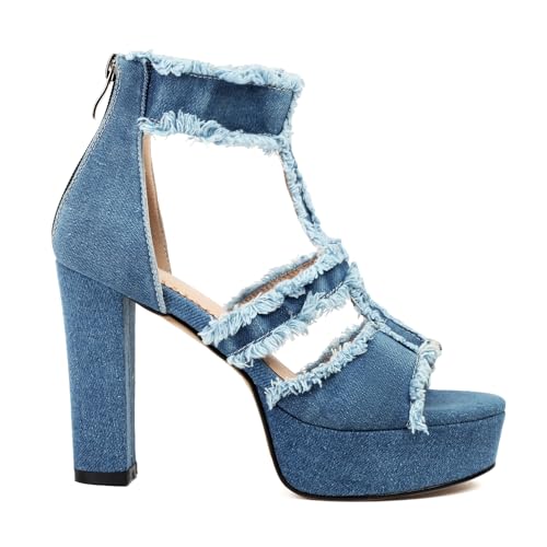 Roimaash Fashion Open Toe Booties for Women Platform Denim Heels2
