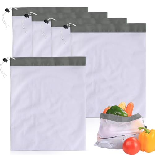 10 Pièces Sac Filet, 30 * 38cm Sacs de Courses en Maille Sacs à Provisions Réutilisables avec Cordon de Serrage Gris pour Le Shopping et Le Stockage pour Fruits, Légumes, Jouets