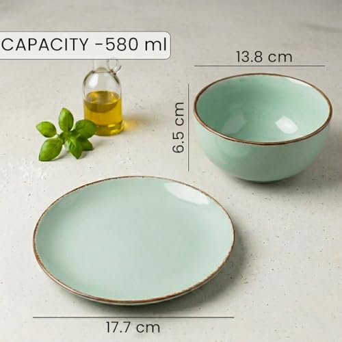 Image of The Earth Store Handcrafted Mint Marble Ceramic Dinner Set with Lids & Spoons, 30 Pieces Serving for 6 | Microwave & Dishwasher Safe | Bone-Ash Free Crockery Set for Dining & Gifting