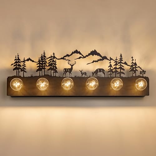 Image of TOCHIC Rustic Bathroom Vanity Light, 6-Light Black Vintage Farmhouse Bathroom Light Fixtures over Mirror for Makeup Shaving, Dimmable Western Deer Wall Sconce for Powder Room, Cabinets, Bedroom, 36 inch L
