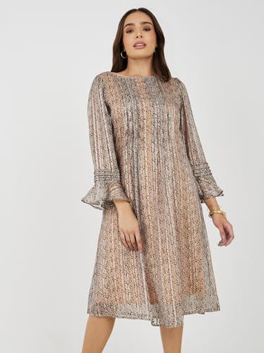 Image of Styli Women Animal Print Shift Midi Dress | Boat Neck with Flared Sleeves Dress for Women| Stylish One Piece Dress for Party, Casual & Evening Outfits