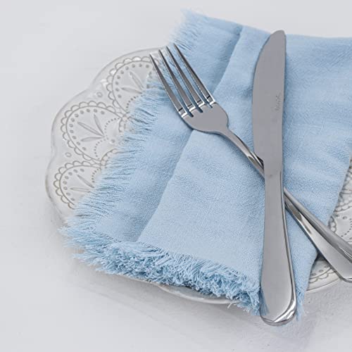 Dololoo Handmade Cloth Napkins, Cotton Linen Cloth Napkins With Fringe, Versatile Handmade Square Rustic Fringe Napkins For Dinner, Wedding And Parties, 18 X 18 Inches Set Of 4, Light Blue #TOP4