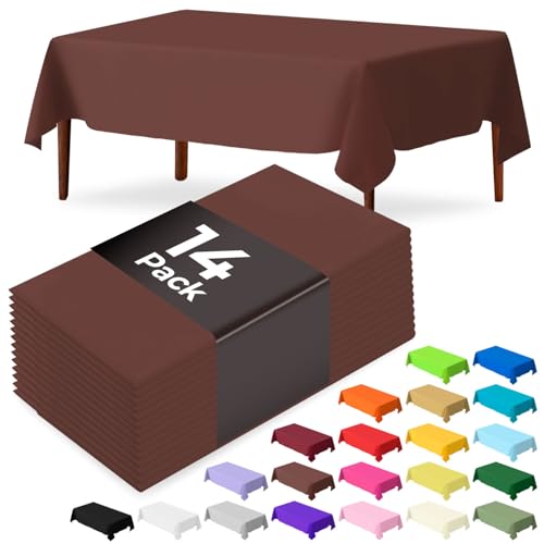 JSQBSECL 14 Pack Brown Plastic Table Cloth 54in x 108in Disposable Rectangle Plastic Table Cover for Parties (Brown, 54