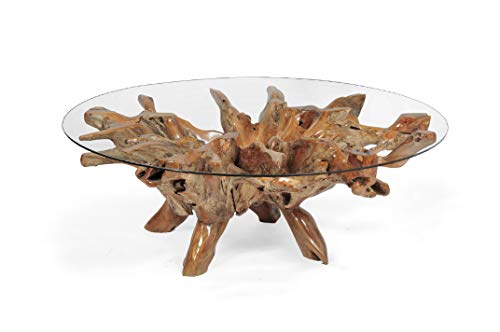 Chic Teak Teak Root Coffee Table Including 43 Inch Round Glass Top, Made From Solid A-Grade Teak Wood #TOP6