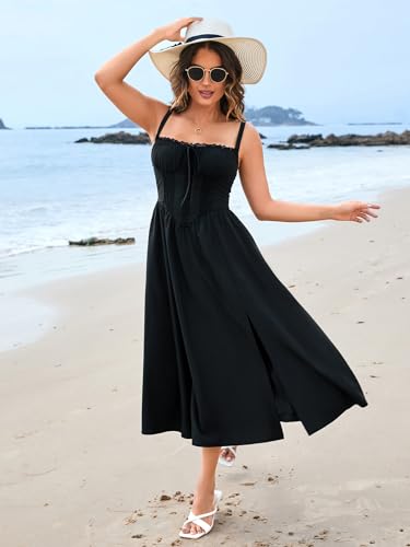 Image of EYNMIN Women's Summer Casual Midi Dress Smocked Sleeveless Flowy Slit A Line Beach Sundresses