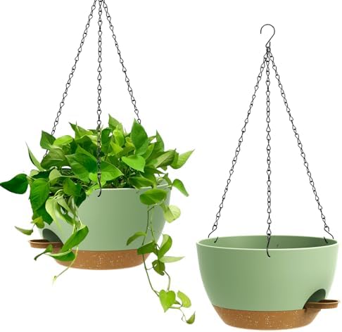 Homeuouz 25cm Selbstbewässernde Hängende Blumenampel 2er-Set – Blumentopf Hängend Innen & Außen, Hängeblumentöpfe mit Drainage für Balkon, Wohnzimmer, Küche,Grün mit Braun