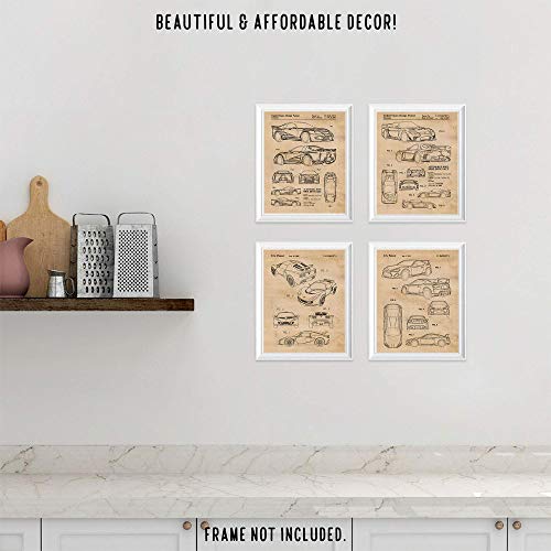 Vintage Toyota Supra, Mazda RX7, Lotus Exige, Subaru BRZ Patent Poster Prints, Set of 4 (8x10) Unframed Photos, Wall Art Decor Gifts Under 20 for Home Office, College Student, Teacher, Cars Coffee Fan