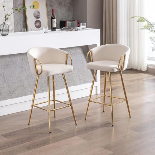 Creative Premium Modern White Bar Stools with Gold Metal Legs and Backrest – Stylish High Stool for Bar Counter, Kitchen Island & Cafe Seating. (Pack of 2) (2, White)
