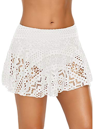 REKITA Womens Swim Skirt Lace Crochet Skort Bikini Bottom (L, White)