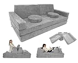 Mod Blox 10 Piece Soft Modular Kids Play Couch for Boys and Girls｜Child Sectional Fort Building Sofa for Toddlers Playroom with Microsuede Covers + High Density Convertible Foam Cushions (Light Gray)