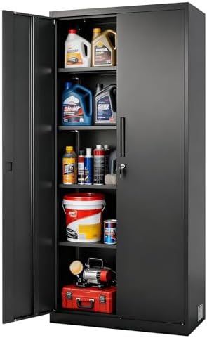VEVOR Metal Storage Cabinet, 68.9 in Lockable Steel Garage Cabinet with 4 Adjustable Shelves, 2 Magnetic Doors, 2 Keys, 5 Tiers Tool Storage for Pantry, Warehouse, Basement, Laundry, Office, Black