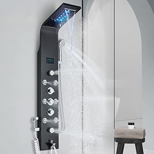 TTICCTIY Colonne de Douche Hydromassante LED Colonne Douche Inox Colonne de Douche Noir 6 Fonctions avec Buse de Massage Douche à Main Salle de Bains Murale