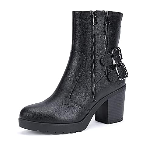 MecKiss Women’s Ankle Boots High Mid Block Heel Ladies Chunky Round Toe Booties Zip Party Casual Shoes(Black PU, Numeric_3) Cover