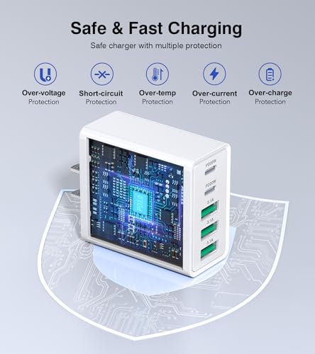Image of [2 Pack] USB C Wall Charger, 50W Fast Charging Block 5-Port PD USB C, Multiport Plug 2USB C+3USB A, Type C Power Adapter, Brick Cube for iPhone